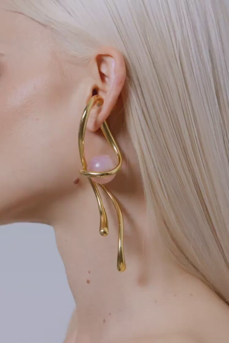 Rose Quartz Dangle Ear Cuff in Gold