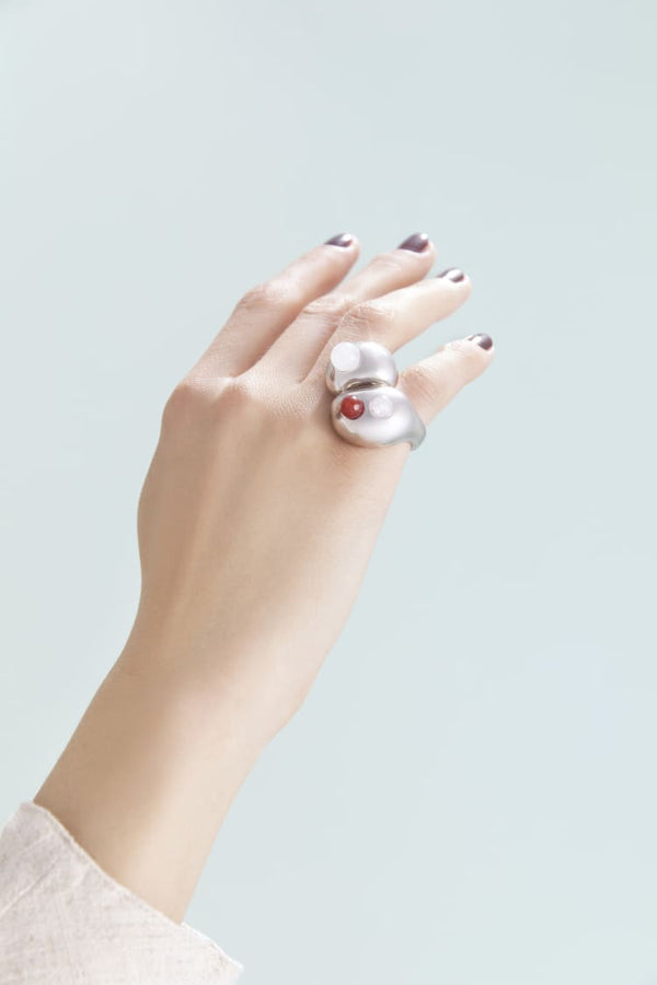 Big silver ring with rose quartz & red agate