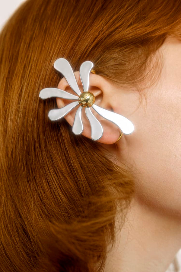 Daisy flower ear cuff with silver petals