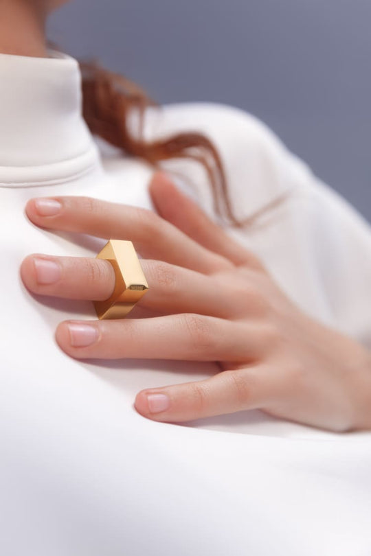Square ring with cuff in 18K gold finish