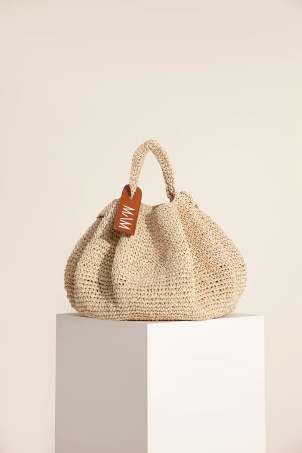 Raffia mini tote bag with leather handles - Light beige