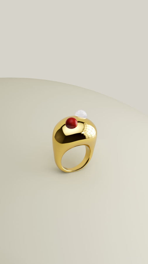 Chunky gold ring with red agate and quartz