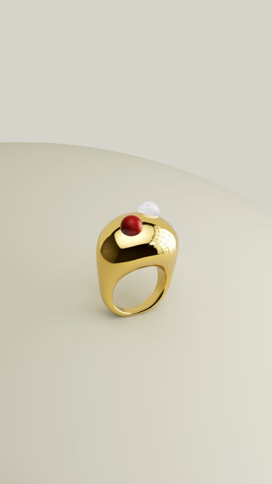 Chunky gold ring with red agate and quartz